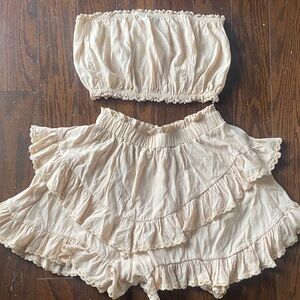 Mable Boho Ruffle Two Piece Set Tiered Skort + Crop Top Cream Lace Trim Small